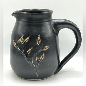 Studio Art Pottery Ceramic Black Pitcher Floral Design Heavy Decorative Vase 5.5